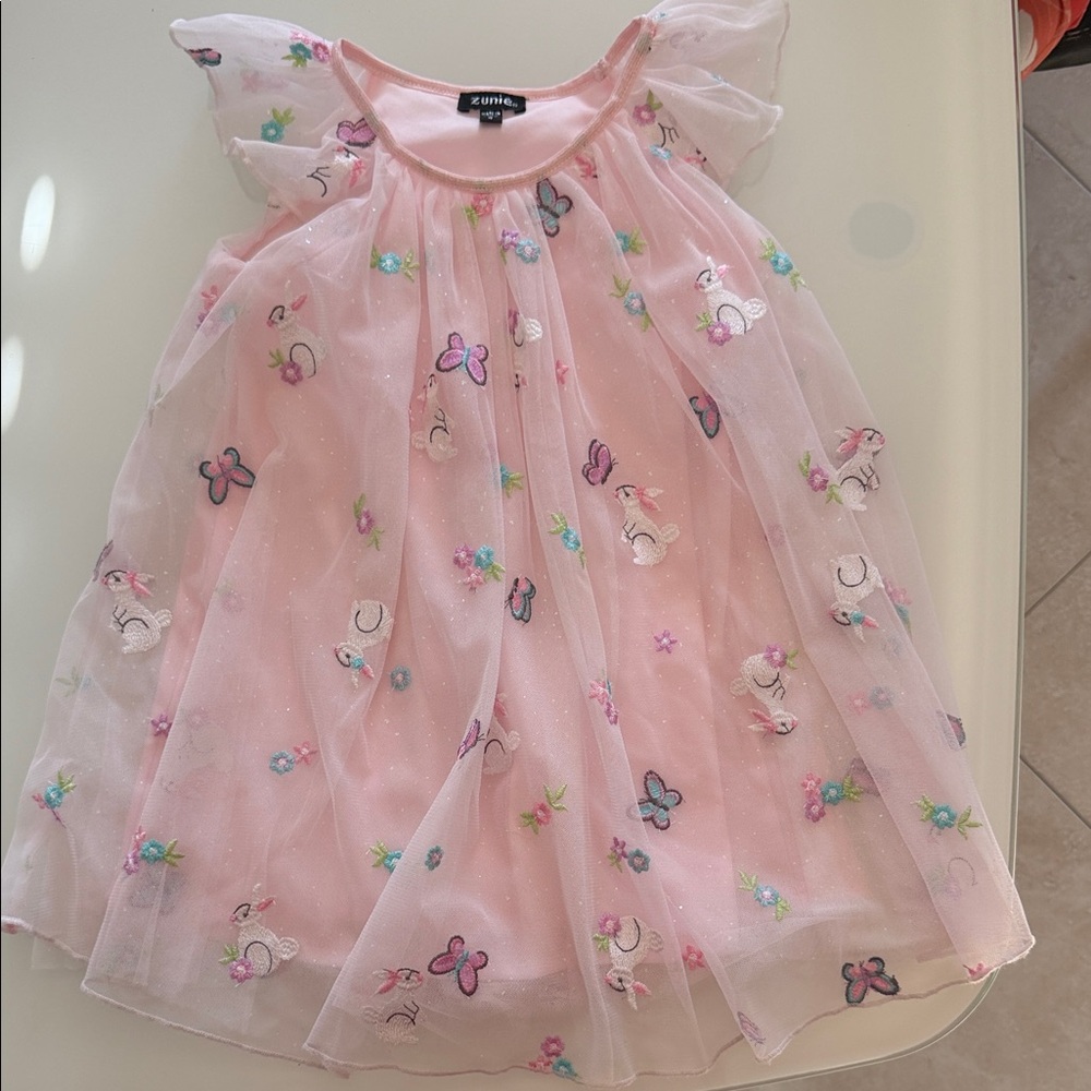 Pink Dress with Bunny Butterfly and Flower Embroidery